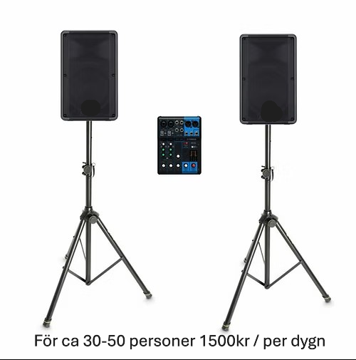 LJUDPAKET 1 Ett komplett PA-system från Electro Voice. I paketet ingår allt för att ansluta dator/mobiltelefon etc. Möjligheten att koppla in RCA, tele och XLR eller via Bluetooth finns även för att ansluta till exempel ett DJ-mixerbord, keyboard, mikrofon eller liknande. Paketet passar för medelstora till mindre sällskap (ca 30 personer, beroende på lokal) eller för bakgrundsmusik och kan hämtas i en större bil. Vid behov kan leverans och installation bokas inkluderar: - 2 x Electro Voice ZLX-12P G2 topphögtalare - 2 x högtalarstativ - 1 x Yamaha MG06 mixer Pris per dag. För lång hyra, begär offert för ett bättre pris:Pris: 1 500,00 kr per dygn