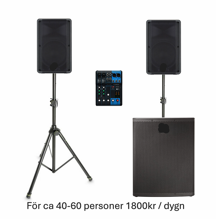 LJUDPAKET 2 Ett komplett PA-system från Electro Voice. Och JBL I paketet ingår allt för att ansluta dator/mobiltelefon etc. Möjligheten att koppla in RCA, tele och XLR eller via Bluetooth finns även för att ansluta till exempel ett DJ-mixerbord, keyboard, mikrofon eller liknande. Paketet passar för medelstora till mindre sällskap (ca 60 personer, beroende på lokal) eller för bakgrundsmusik och kan hämtas i en större bil. Vid behov kan leverans och installation bokas. inkluderar: - 2 x Electro Voice ZLX-12P G2 topphögtalare - 2 x högtalarstativ - 1 x Yamaha MG06 mixer - 1x JBL PRX18XLF subbas För lång hyra, begär offert för ett bättre pris. Pris: 1 800,00 kr per dygn