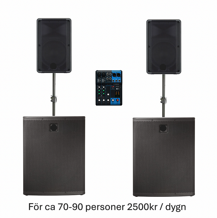 LJUDPAKET 3 Ett komplett PA-system från Electro Voice. Och JBL I paketet ingår allt för att ansluta dator/mobiltelefon etc. Möjligheten att koppla in RCA, tele och XLR eller via Bluetooth finns även för att ansluta till exempel ett DJ-mixerbord, keyboard, mikrofon eller liknande. Paketet passar för medelstora till mindre sällskap (ca 60 personer, beroende på lokal) eller för bakgrundsmusik och kan hämtas i en större bil. Vid behov kan leverans och installation bokas. inkluderar: - 2 x Electro Voice ZLX-15P G2 topphögtalare - 2 x högtalarstativ - 1 x Yamaha MG06 mixer - 2 x JBL PRX18XLF subbas För lång hyra, begär offert för ett bättre pris. Pris: 2 500,00 kr per dygn