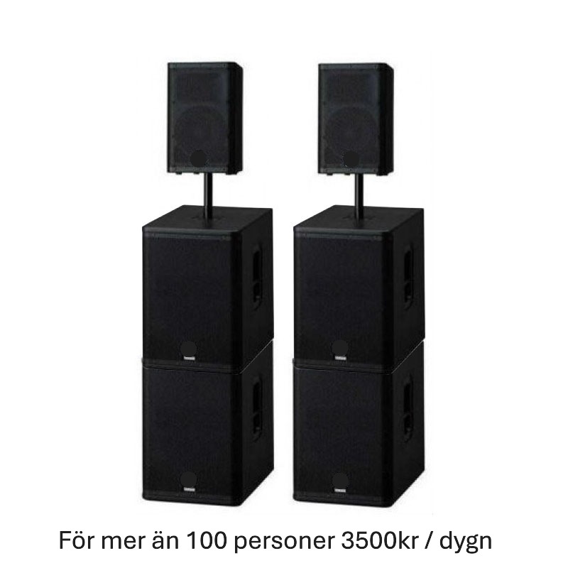 LJUDPAKET PREMIUM Ett komplett PA-system från JBL I paketet ingår allt för att ansluta dator/mobiltelefon etc. Möjligheten att koppla in RCA, tele och XLR eller via Bluetooth finns även för att ansluta till exempel ett DJ-mixerbord, keyboard, mikrofon eller liknande. Paketet passar för medelstora till mindre sällskap (ca 60 personer, beroende på lokal) eller för bakgrundsmusik och kan hämtas i en större bil. Vid behov kan leverans och installation bokas. inkluderar: - 2 x JBL PRX915 topphögtalare - 2 x högtalarstativ - 1 x Yamaha MG06 mixer - 4 x JBL PRX18XLF subbas För lång hyra, begär offert för ett bättre pris. Pris: 3 500,00 kr per dygn